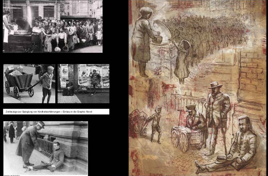 Collage, in der historischen Schwarzweißfotos aus der Zeit des Zweiten Weltkriegs eine die Fotomotive aufgreifende Zeichnung gegenübergestellt ist