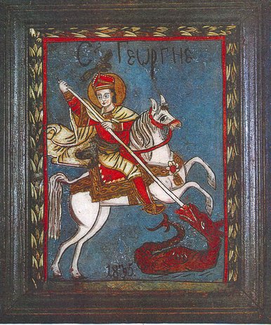 Mittelalterlich anmutendes Gemälde einer auf einem weißen Pferd sitzenden Figur mit Heiligenschein, die mit einer Lanze einen am Boden liegenden Drachen tötet