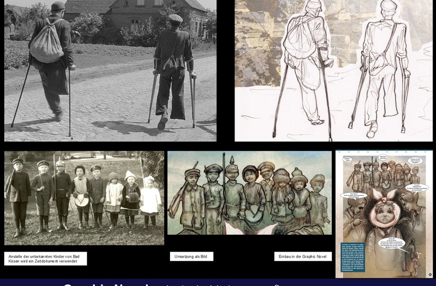Collage, in der historischen Schwarzweißfotos aus der Zeit des Zweiten Weltkriegs den Fotos nachempfundene Cartoons gegenübergestellt sind