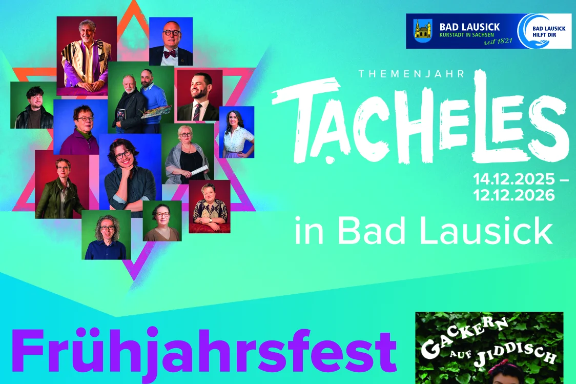 Neben dem Schriftzug "Tacheles in Bad Lausick: Frühjahrfest" sind in einem Davidstern die Fotos mehrerer Personen angeordnet.