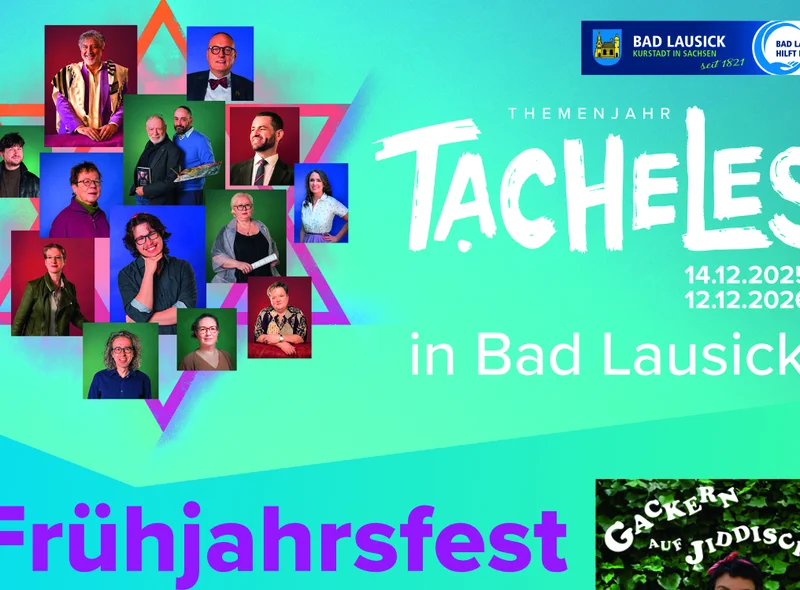 Neben dem Schriftzug "Tacheles in Bad Lausick: Frühjahrfest" sind in einem Davidstern die Fotos mehrerer Personen angeordnet.