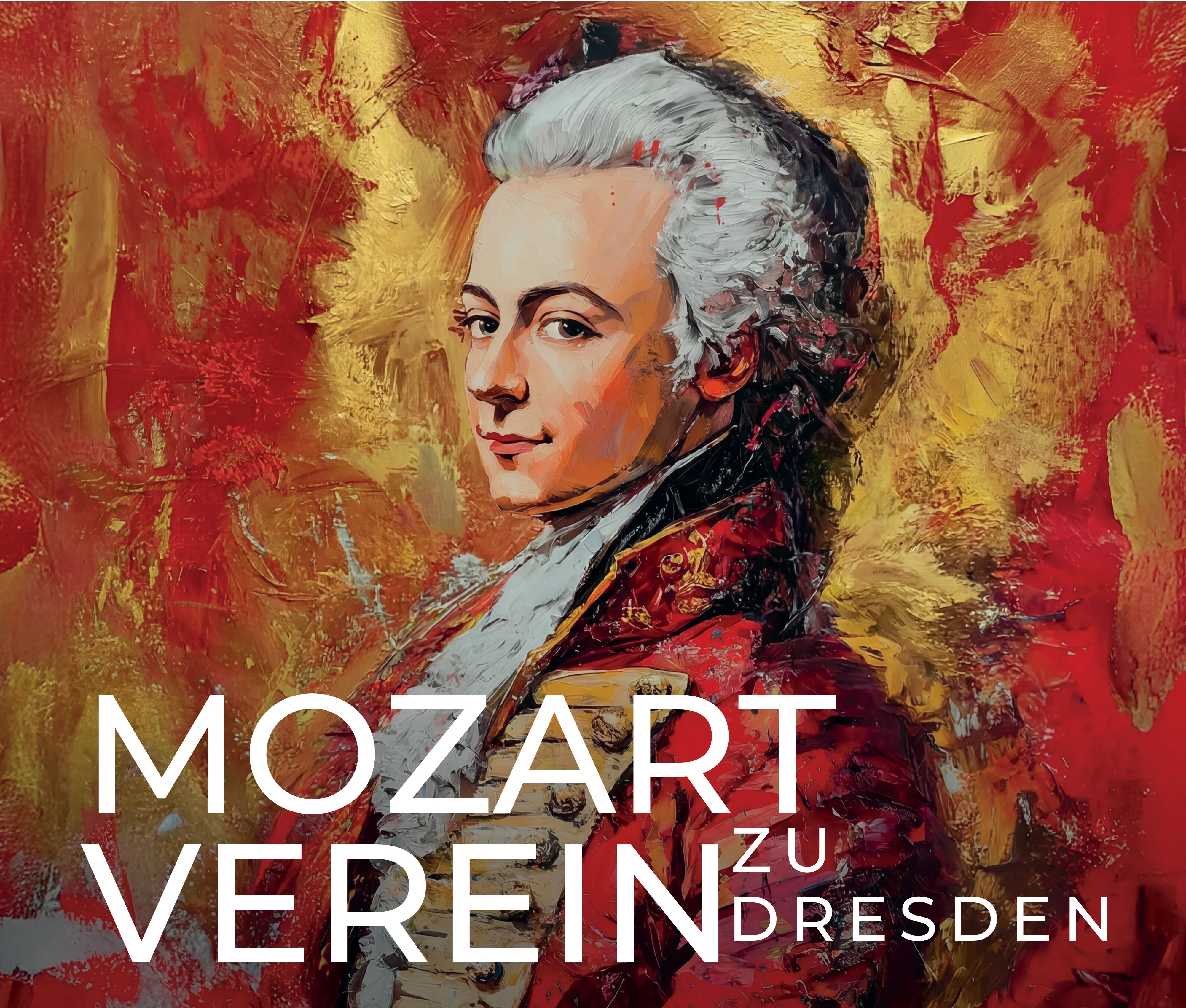 Ein farbenprächtiges Mozart-Porträt wirbt für den Mozart-Verein Dresden – ausdrucksstark und festlich.