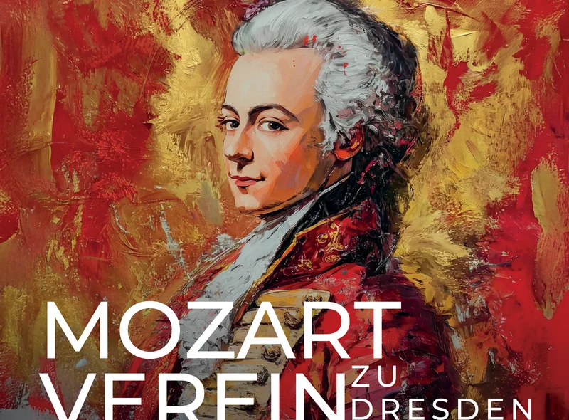 Ein farbenprächtiges Mozart-Porträt wirbt für den Mozart-Verein Dresden – ausdrucksstark und festlich.