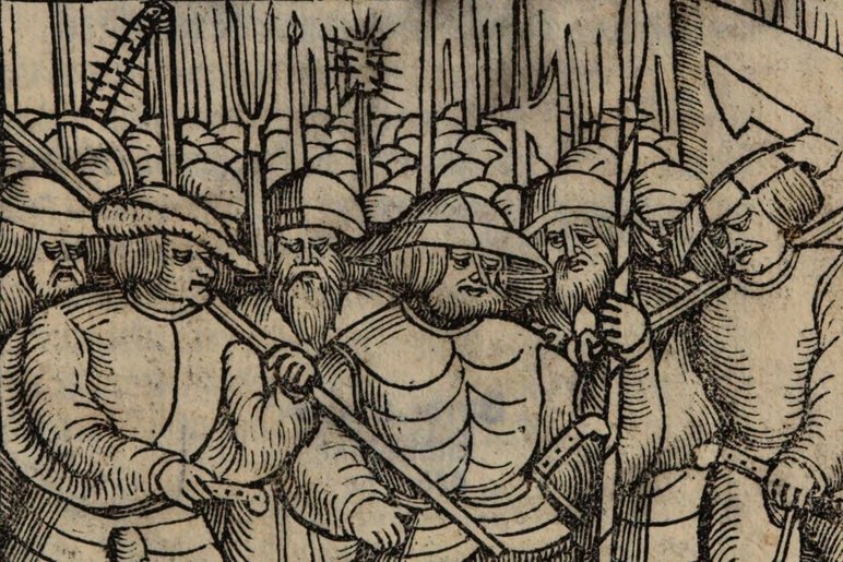 Das Bild ist ein Holzschnitt und zeigt eine Schar bewaffneter Bauern.