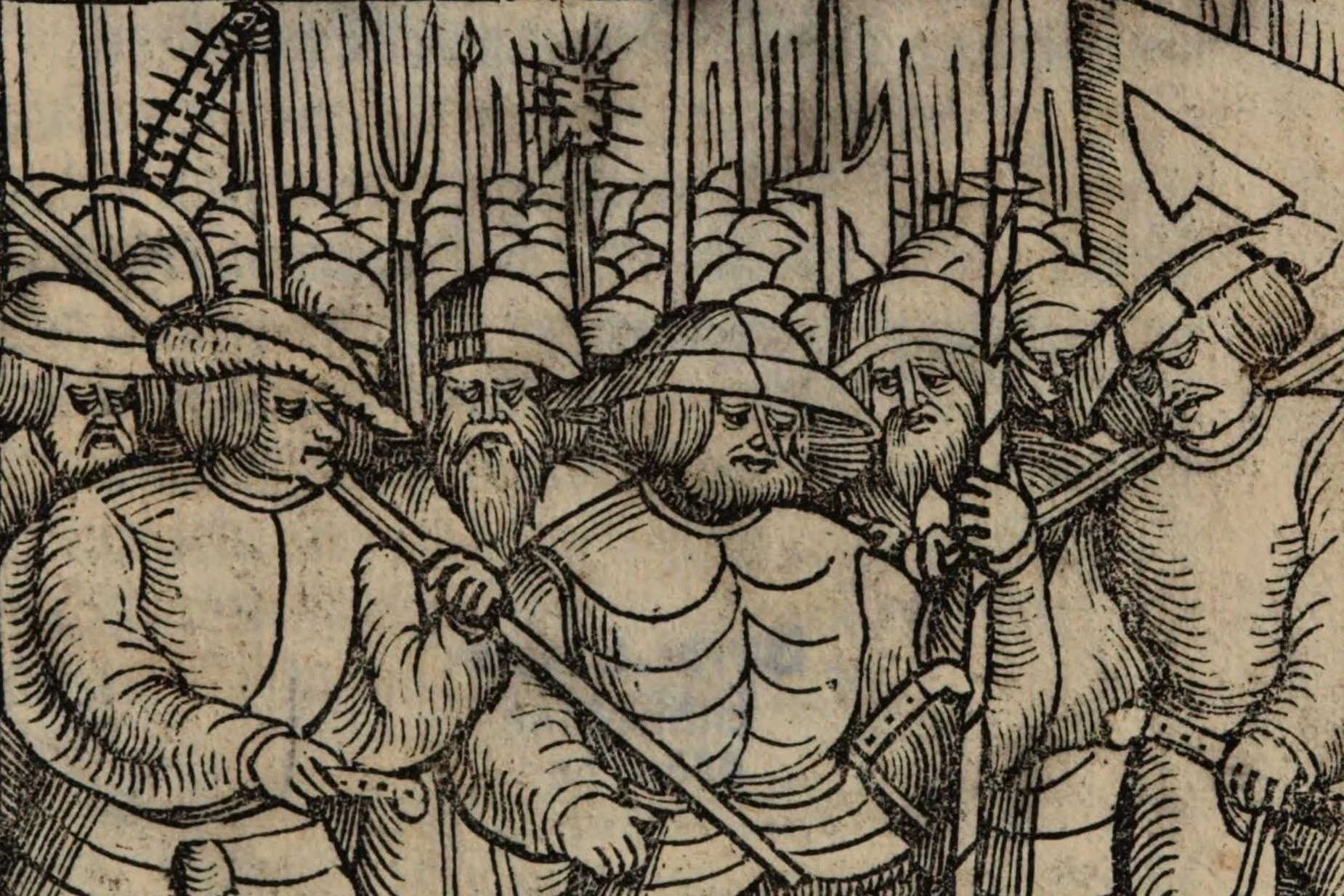 Zwölf Artikel der Bauern, Flugschrift von 1525 (Ausschnitt) Das Bild ist ein Holzschnitt und zeigt eine Schar bewaffneter Bauern.