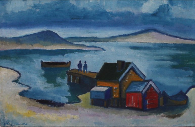 Gemälde einer Fjordlandschaft mit Bergen im Hintergrund und einem kleinen Haus, einem Bootssteg und zwei menschlichen Figuren im Vordergrund
