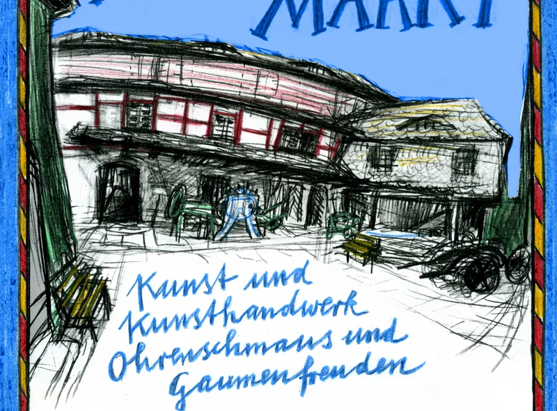 Plakat des Lohgerbermuseums Dippoldiswalde zum Kunsthandwerkermarkt: Kunst und Kunsthandwerk, Ohrenschmaus und Gaumenfreuden