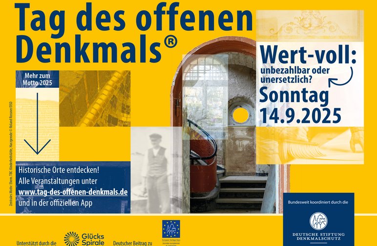 Werbeanzeige, auf dem prominent "Tag des offenen Denkmals" und das Jahresmotto für 2025, "Wert-voll: unbezahlbar oder unersetzlich?" sowie das Datum Sonntag, 14.9.2025, stehen. In der Anzeige sind außerdem Bildausschnitte diverser Denkmale enthalten.