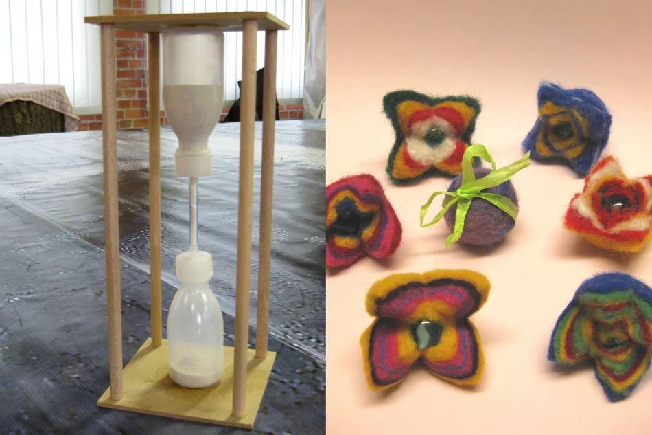 Kreativangebote: Sanduhr und gefilzte Blüten In dem zweigeteilten Bild sind links eine aus Plastikfläschchen gebastelte Sanduhr und rechts mehrere aus buntem Filz gefertigte Schmuckblumen zu sehen.