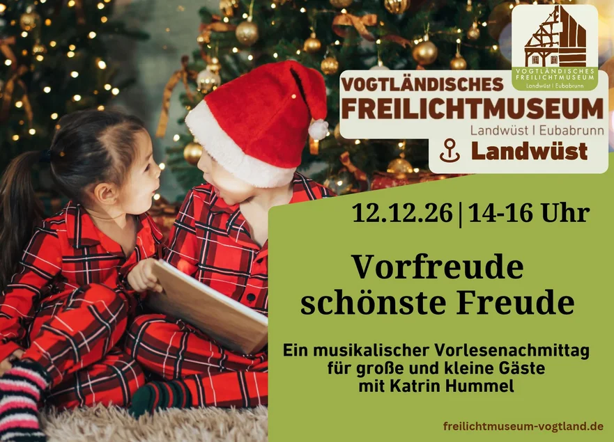 „Vorfreude, schönste Freude“: Vorlesenachmittag Zwei Kinder mit einem Buch unter einem Tannenbaum auf der linken Seite, rechts Titel und Datum der Veranstaltung