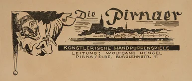 Historisches Plakat der künstlerischen Handpuppenspiele „Die Pirnaer“ mit Grafiken von Kasper und Stadtansicht