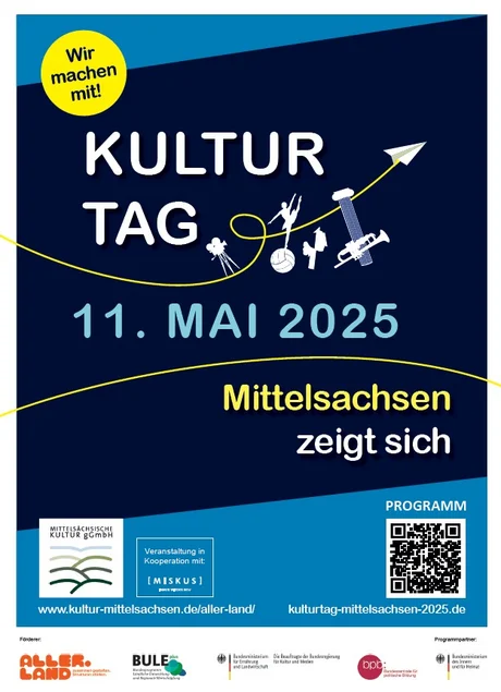 Auf dem Plakat steht "Kulturtag Mittelsachsen, 11. Mai 2025. Mittelsachsen zeigt sich."