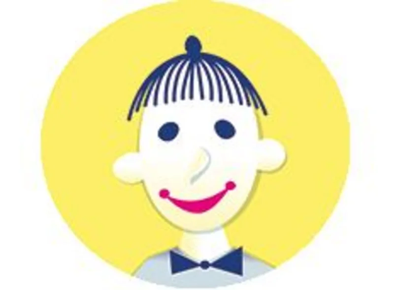 Cartoon-artige Grafik von „Meister Malimo“, eines lachenden Mannes mit Knopfaugen und als Querschleife gebundener Krawatte