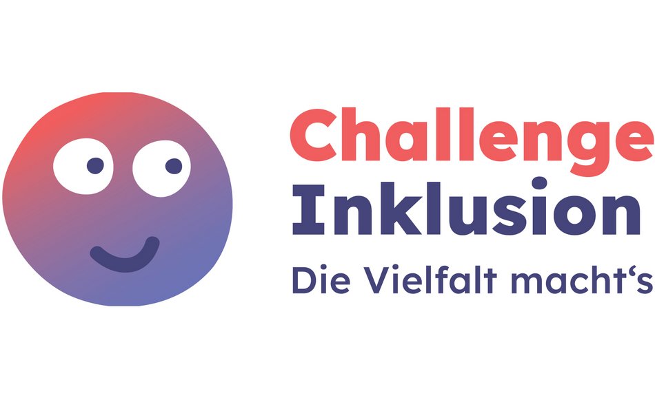 Grafik eines Smiley mit Kulleraugen, der auf die Worte "Challenge Inklusion. Die Vielfalt macht's" blickt