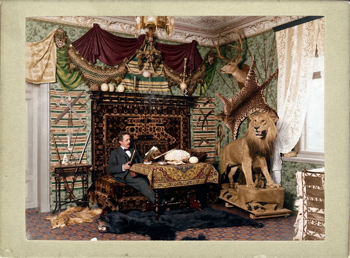Der Schriftsteller sitzt lesend in seinem Arbeitszimmer in der Villa „Shatterhand“ in Radebeul, umgeben von Jagd-Artefakten.