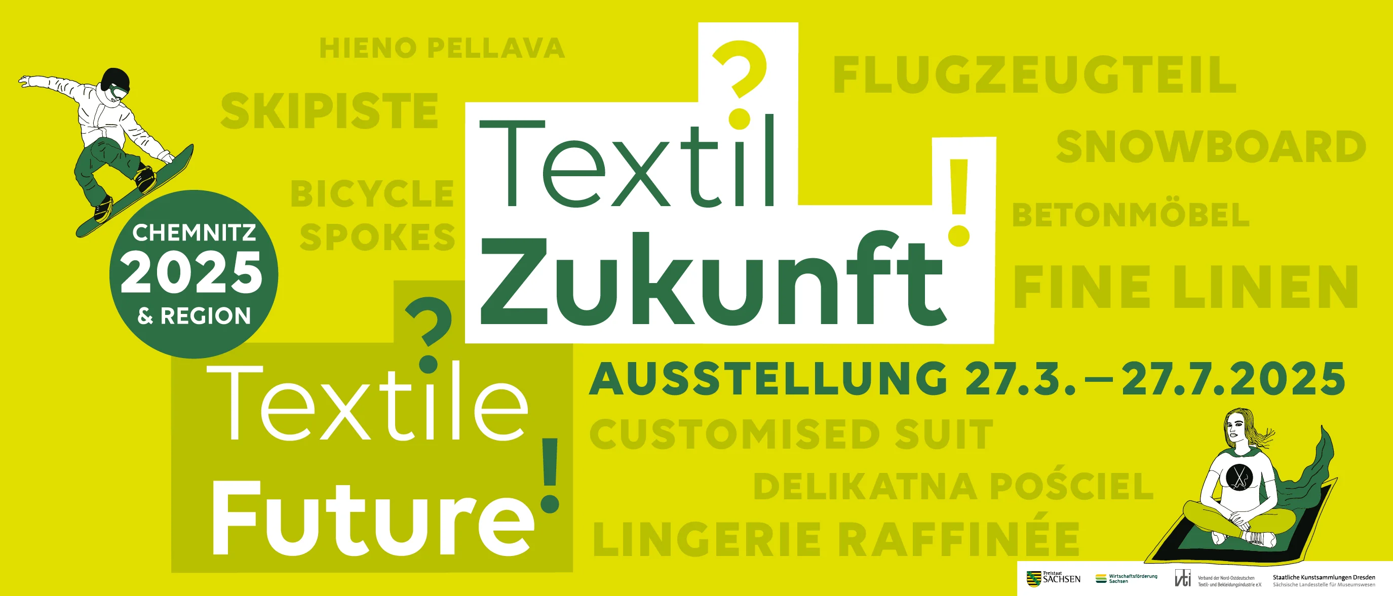 Grünes Plakat mit fliegendem Teppich und dem Ausstellungsnamen