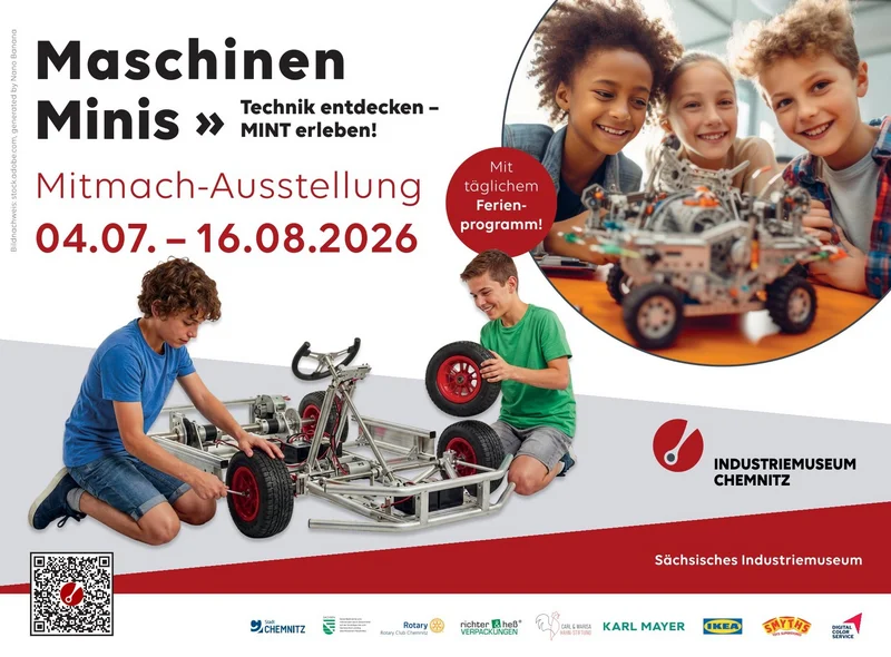 Plakatmotiv zur Ausstellung Maschinen-Minis: Zwei Jungs montieren Reifen an ein Fahrzeuggestell.