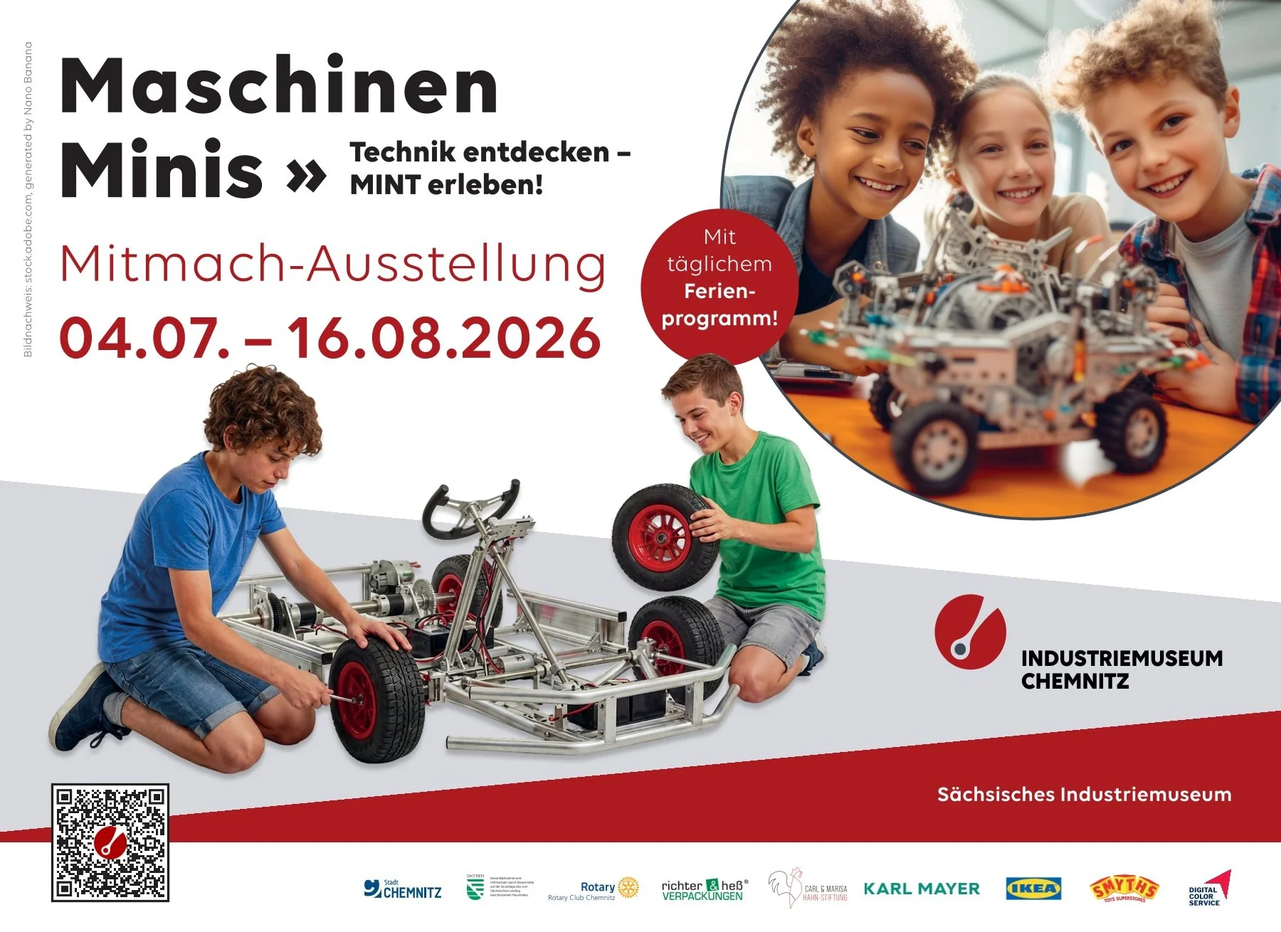 Ausstellungsmotiv Plakatmotiv zur Ausstellung Maschinen-Minis: Zwei Jungs montieren Reifen an ein Fahrzeuggestell.