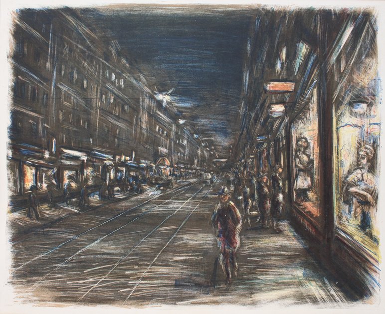 Robert Liebknechts Farblithografie „Prager Straße“ von 1929 zeigt einen Blick in eine Einkaufsstraße bei Nacht mit beleuchteten Schaufenstern.