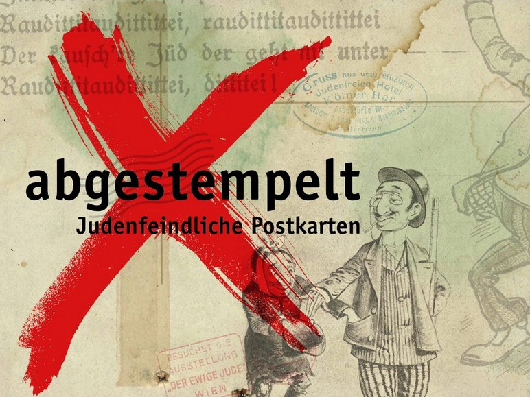 Das eindeutig antisemitische Postkartenmotiv mit dem Poststempel "Gruß aus dem einzigen judenfreien Hotel Kölner Hof, Frankfurt am Main" wird von einem großen roten X durchkreuzt, darüber ist der Ausstellungstitel zu lesen.