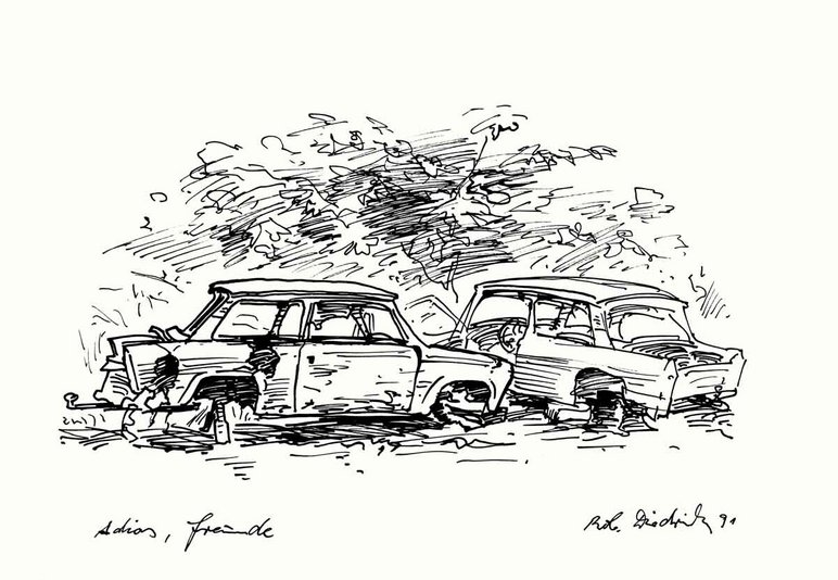 Zeichnung in schwarzer Tusche auf weißem Grund von zwei verschrotteten Autos der DDR-Marke "Trabant", die verlassen vor einem Busch stehen