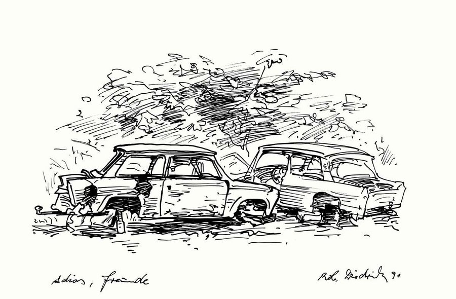 Zeichnung in schwarzer Tusche auf weißem Grund von zwei verschrotteten Autos der DDR-Marke "Trabant", die verlassen vor einem Busch stehen