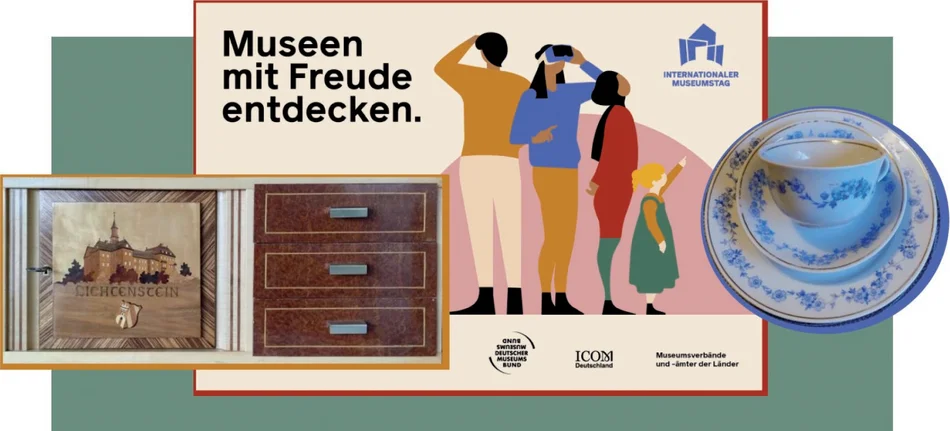Werbegrafik des Internationalen Museumstags unter dem Motto "Museen mit Freude entdecken", dazu Fotos dreier Sammlungsobjekte