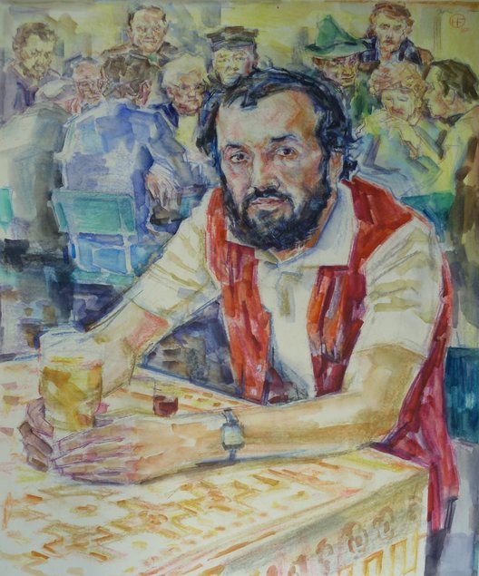 Das Gemälde zeigt einen Mann mittleren Alters, mit dunklen kurzen Haaren und dunklem Bart, an einem Tisch sitzend mit einem Bierglas in der Hand.