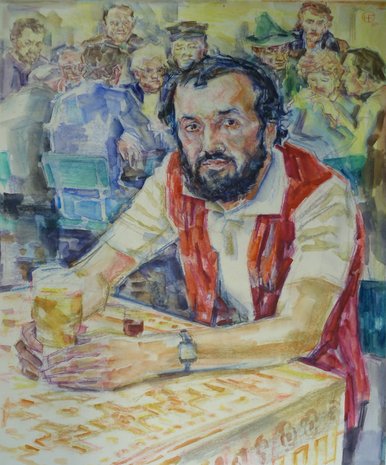 Das Gemälde zeigt einen Mann mittleren Alters, mit dunklen kurzen Haaren und dunklem Bart, an einem Tisch sitzend mit einem Bierglas in der Hand.