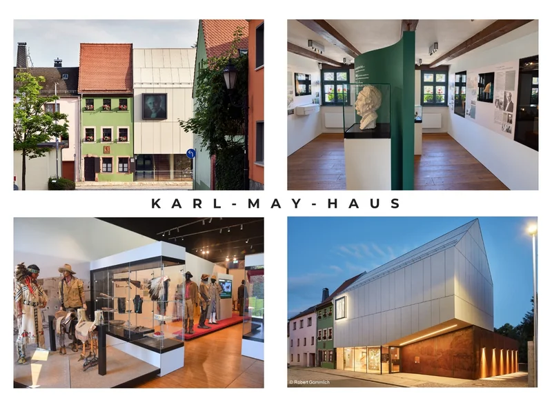 Außen- und Innenansichten des Geburtshauses Karl Mays in Hohenstein-Ernstthal, das heute ein Museum mit modernem Anbau ist