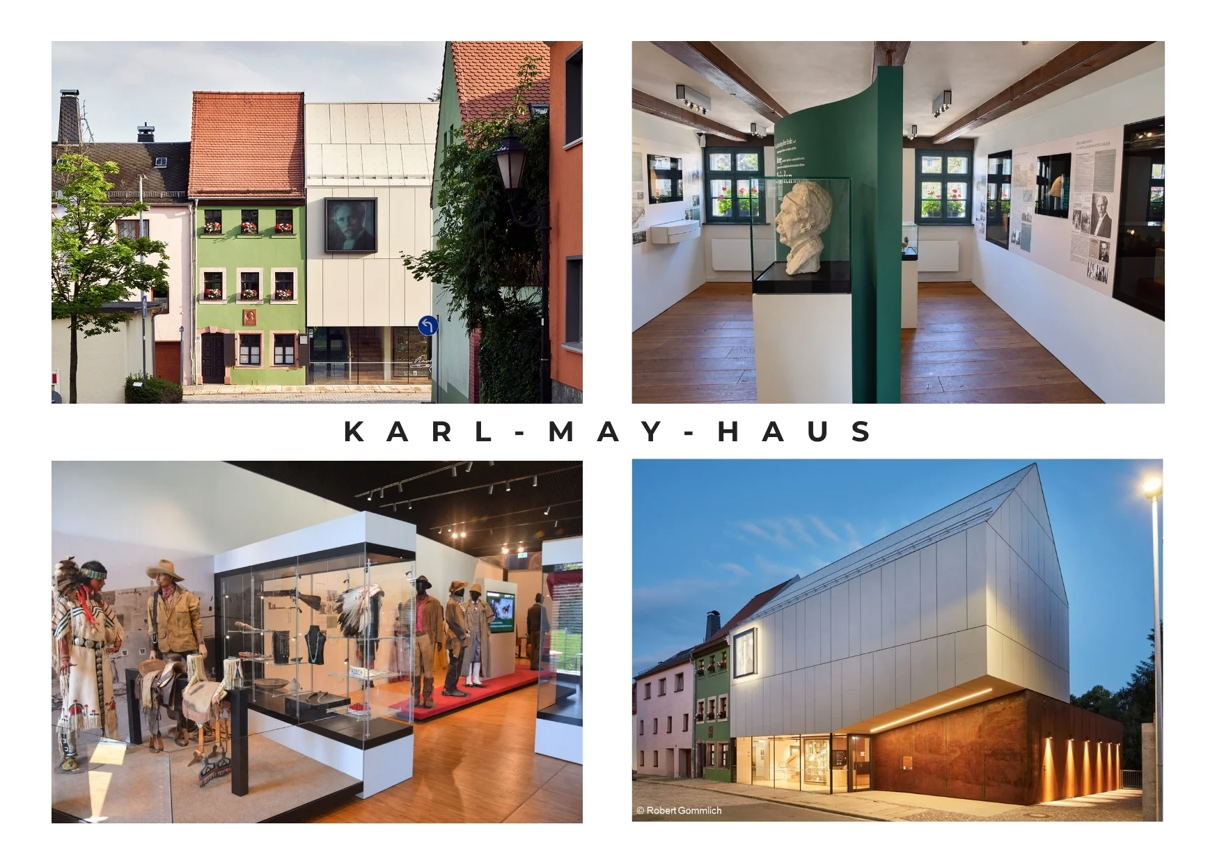 Außen- und Innenansichten des Geburtshauses Karl Mays in Hohenstein-Ernstthal, das heute ein Museum mit modernem Anbau ist
