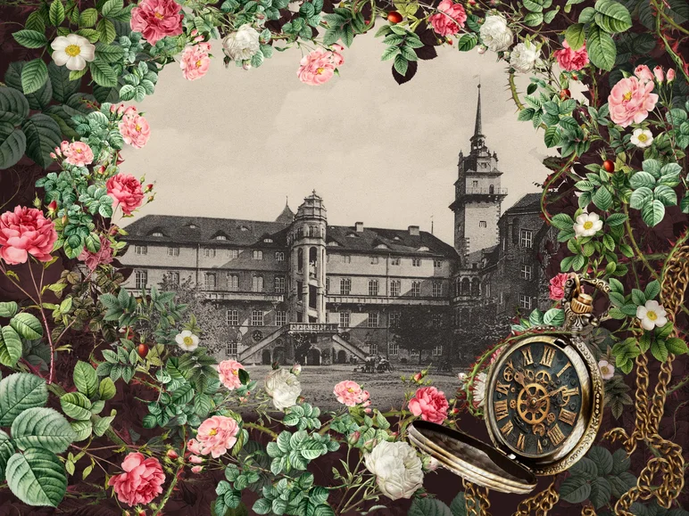 Historisches Gebäude in Sepia, umrahmt von Rosenranken, mit goldener Taschenuhr vorn