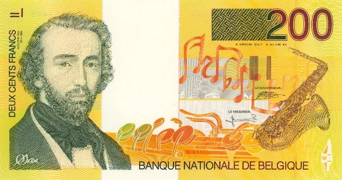 Geldschein mit Illustrationen eines bärtigen Mannes in der Mode des 19. Jahrhunderts sowie einem Saxophon und Musiknoten