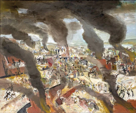 Aus einer brennenden Stadt steigt in dunklen Säulen Rauch auf. Personen laufen umher.