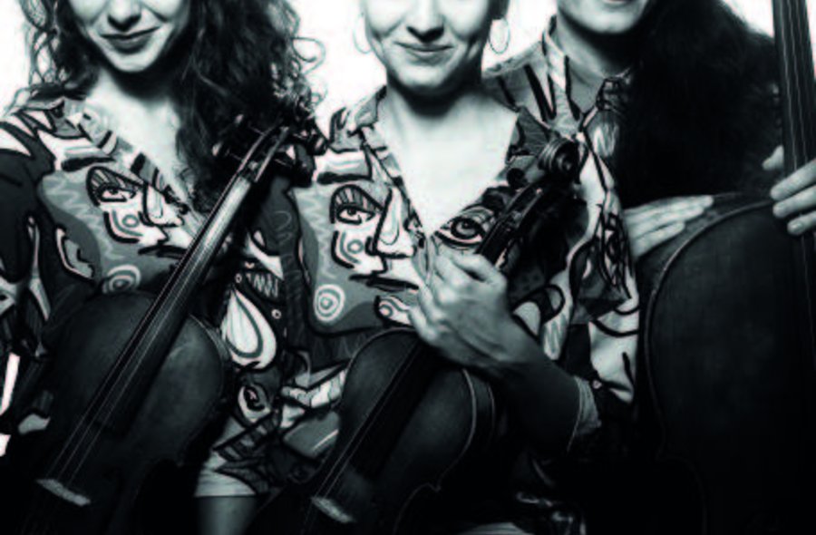 Das Foto zeigt das polnische Tansman Trio: Drei Frauen mittleren Alters stehen nebeneinander und halten jeweils ihr Streichinstrument locker in der Hand.