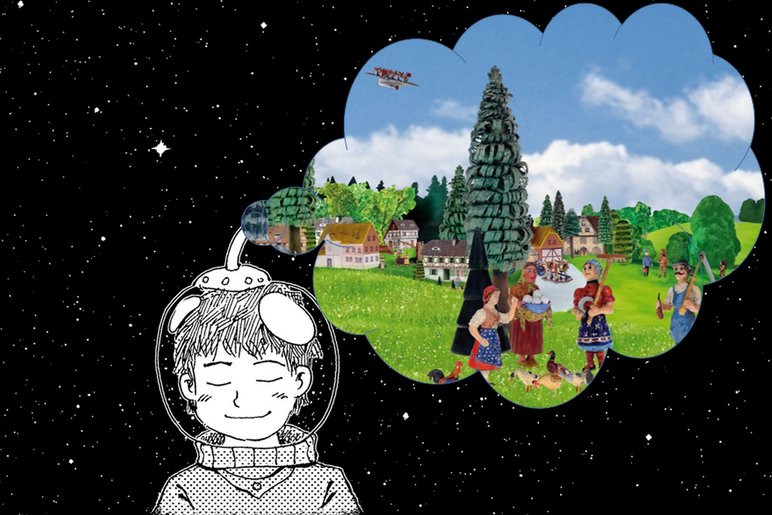 Collage, in der von der gezeichneten Figur eines träumenden Jungens eine Denkblase ausgeht, in der eine Landschaftsszene mit Figuren erzgebirgischer Volkskunst zu sehen ist
