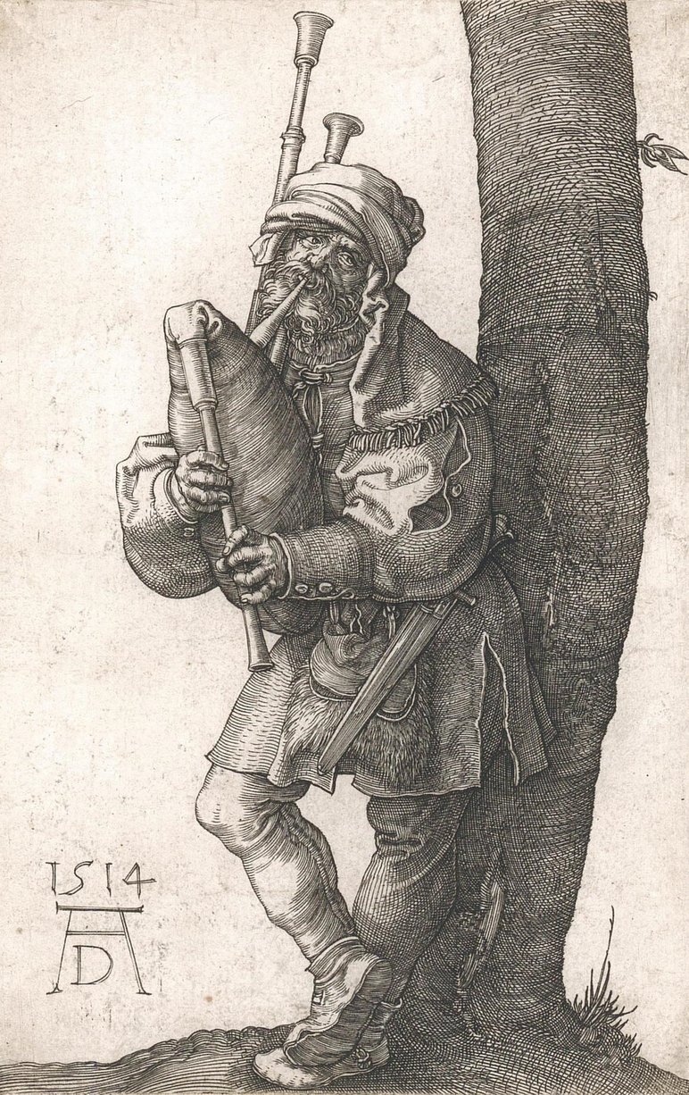 Schwarzweiß-Grafik eines an einen Baumstamm gelehnten, mittelalterlich gekleideten Mannes, der Dudelsack spielt