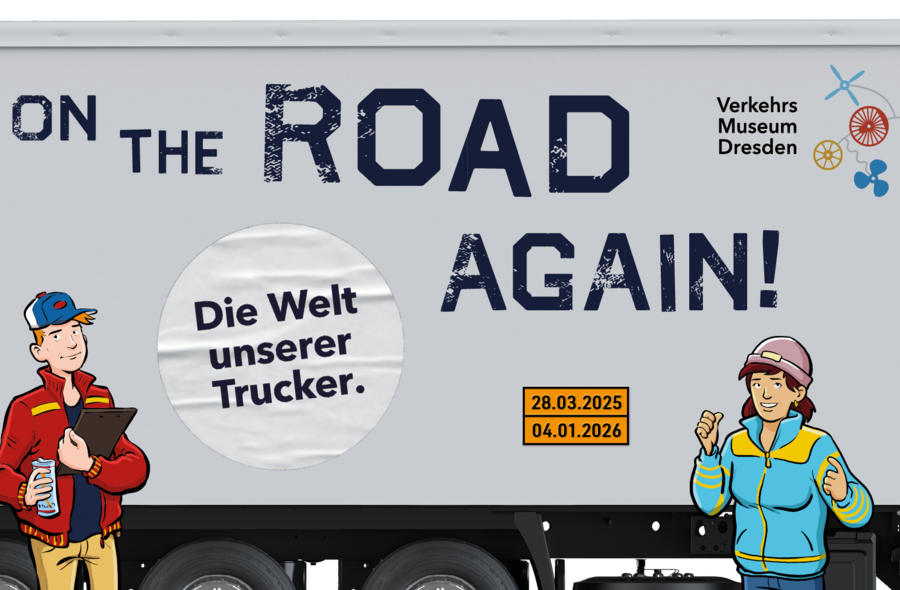 Collage, die zwei Personen vor einen Lkw-Anhänger zeigen. Auf dem Anhänger stehen der Ausstellungstitel, die Laufzeit und der Name des Museums.