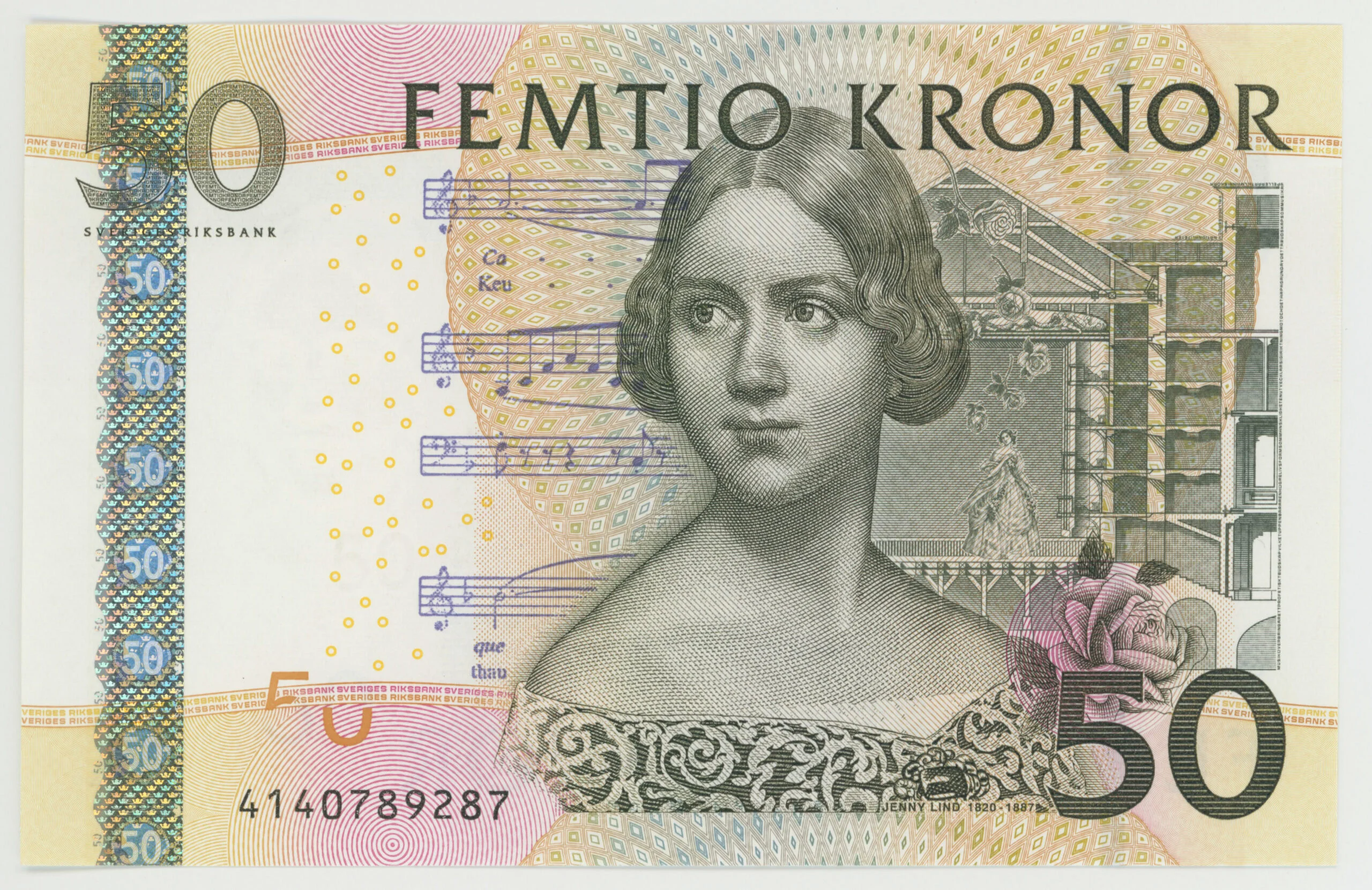 Banknote über 50 schwedische Kronen, die eine elegante junge Frau im Stil des 19. Jahrhunderts sowie Musiknoten zeigt