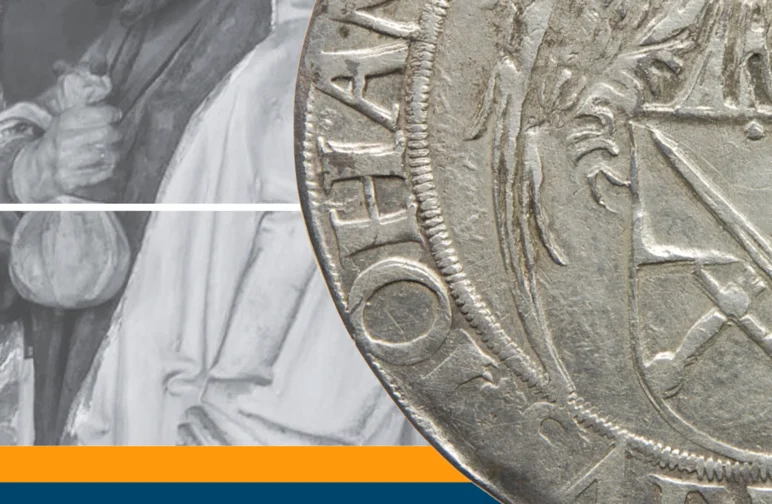 Plakat zur 12. Annaberg-Buchholzer Museumsnacht Motive des Plakates sind ein historisches Bild eines einen Geldbeutel haltenden mittelalterlichen Händlers und darüber eine Nahaufnahme einer alten Silbermünze. Im unteren Bereich befinden sich Titel, Datum und Uhrzeit der Museumsnacht sowie das Logo der Stadt Annaberg-Buchholz.