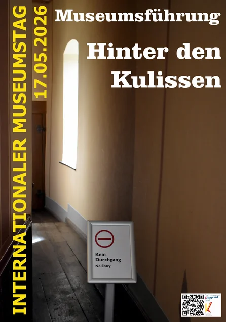 Veranstaltungsplakat mit dem Foto eines historischen Ganges, in dem das Schild "Kein Durchgang / No entry" steht.