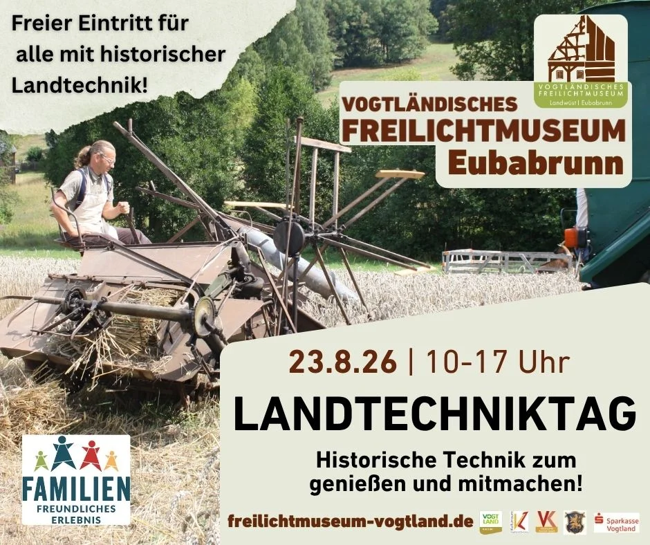 Veranstaltungsplakat Plakatmotiv zum Landtechniktag im Freilichtmuseum Eubabrunn ist ein historischer Garbenbinder auf einem Getreidefeld.