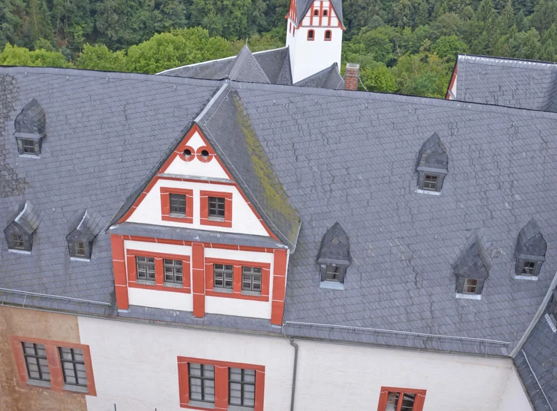 Das Foto zeigt einen Blick vom Bergfried der Rochsburg auf einen Teil des Schlosses mit seinen weißgetünchten Mauern, dunkelrot umrandeten Fenstern und schiefergedecktem Dach; im Hintergrund ist eine bewaldete Fläche zu sehen.