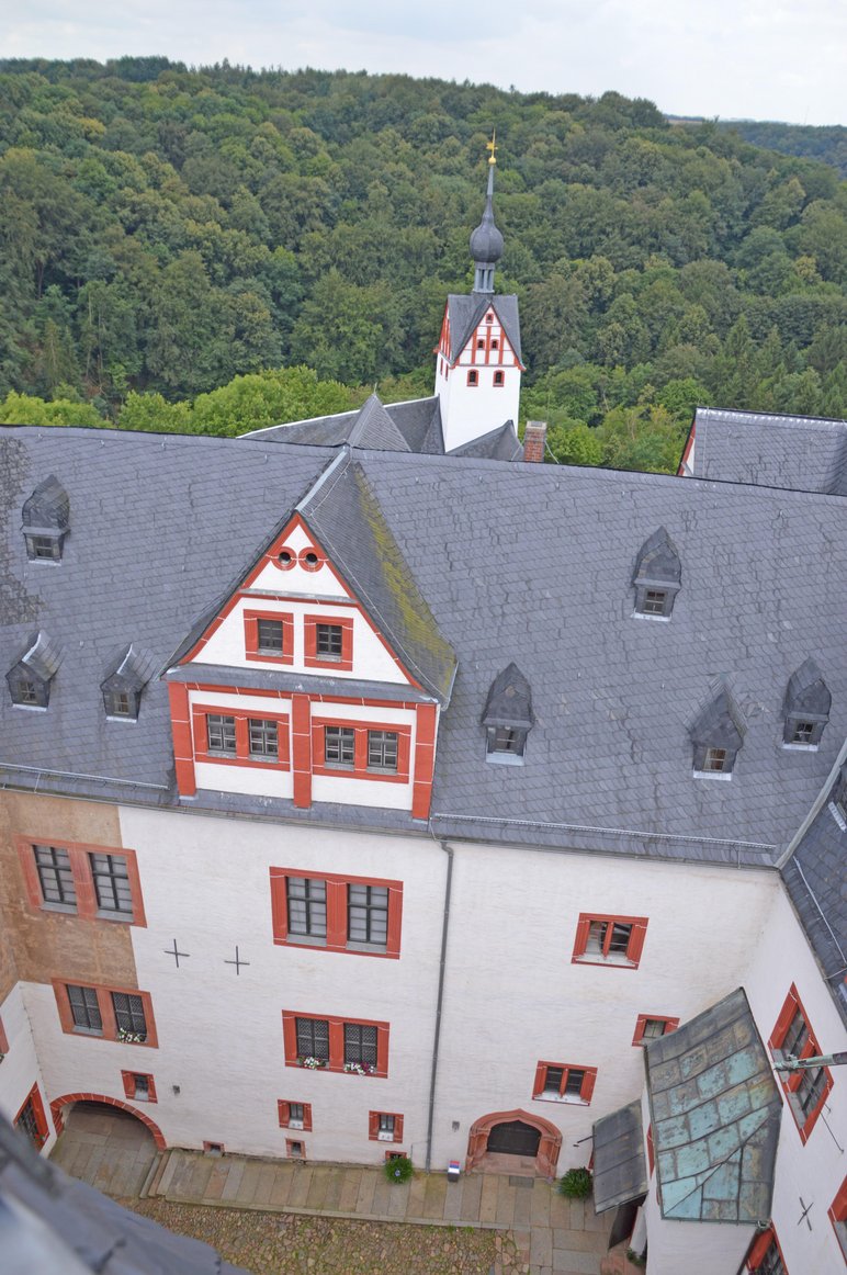 Das Foto zeigt einen Blick vom Bergfried der Rochsburg auf einen Teil des Schlosses mit seinen weißgetünchten Mauern, dunkelrot umrandeten Fenstern und schiefergedecktem Dach; im Hintergrund ist eine bewaldete Fläche zu sehen.