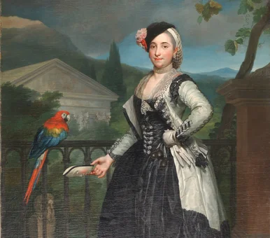 Historisches Gemälde, auf dem eine aufrecht und stolz blickende junge Dame an einer Ballustrade steht, in der rechten Hand hält sie eine Maske. Neben ihr sitzt ein großer, bunter Papagei. Im Hintergrund sind eine klassizistische Fassade und eine hügelige Landschaft erkennbar.