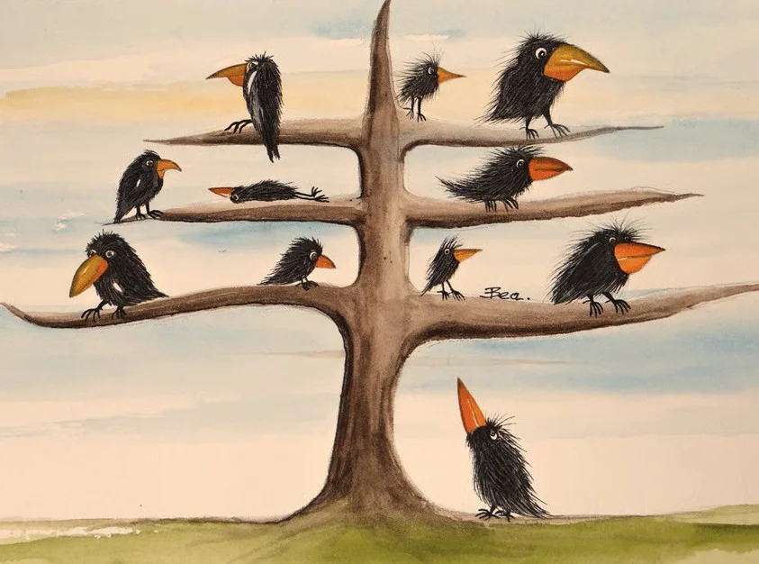 Bea Koch, „Raben sind los“ Cartoon-artige Illustration lustig aussehender Raben auf den blattlosen Ästen eines Baumes. Die Künstlerin ist Bea Koch.