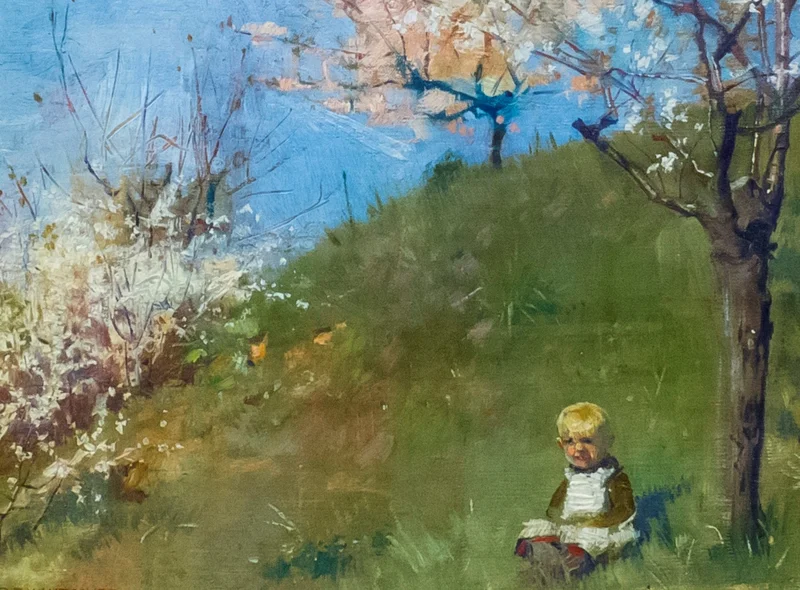 Gemälde eines auf einer Wiese unter einem Baum sitzenden Kindes. An dem Baum zeigen sich erste weiße Blüten.