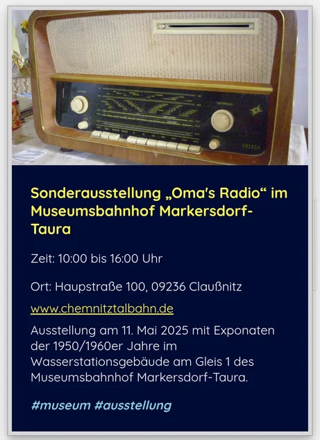Plakatmotiv zur Sonderausstellung "Omas Radio" im Museumsbahnhof Markersdorf-Taura ist ein historischer Rundfunkempfänger.