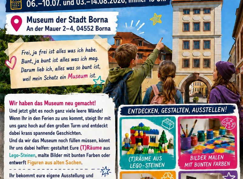 Bunter Programm-Flyer zu "Sommerferienspaß im Museum der Stadt Borna". Das zentrale Foto zeigt Kinder vor historischem Turm.