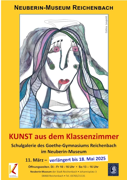 Das Plakat zeigt ein bunt gezeichnetes, verspielt wirkendes menschliches Porträt. Auf dem Plakat sind alle Eckdaten zu lesen: Museumsname, -adresse und -öffnungszeiten, Ausstellungstitel und -untertitel sowie die Laufzeit.